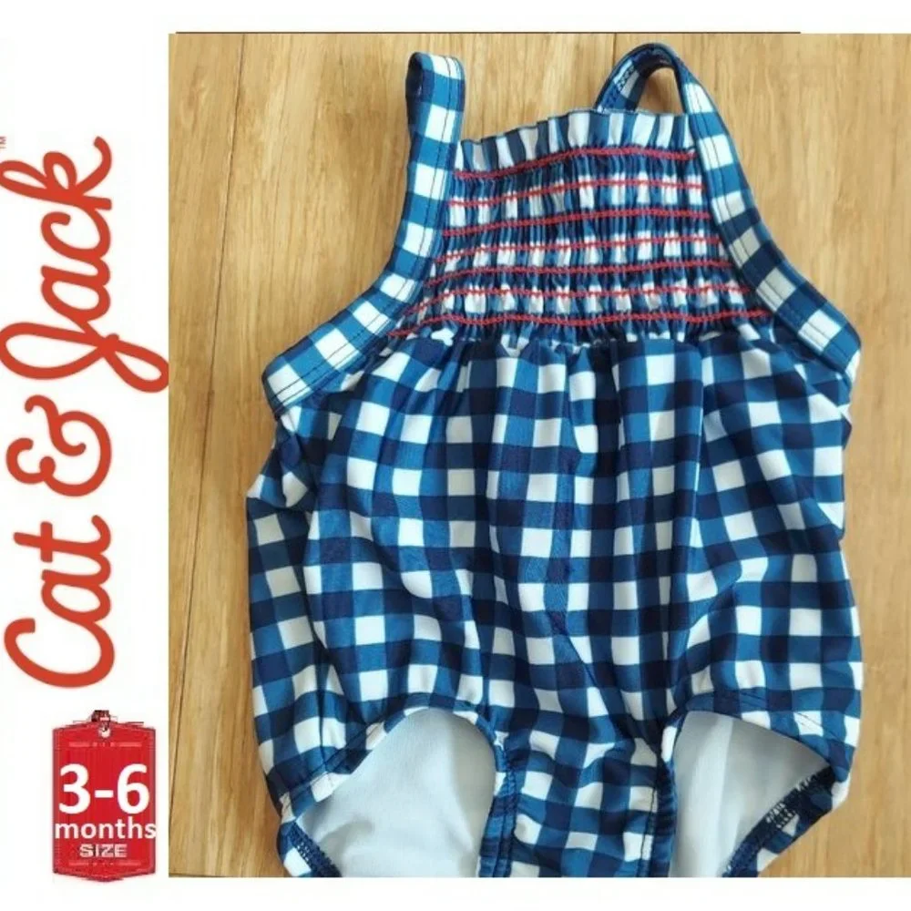 🎁 10/$25-1 piece blue gingham plaid swim suit, size 3-6 months